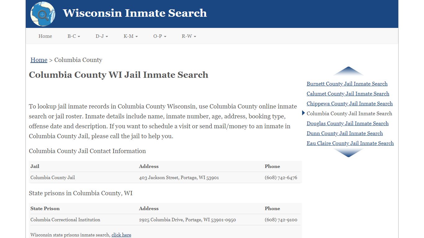 Columbia County WI Jail Inmate Search